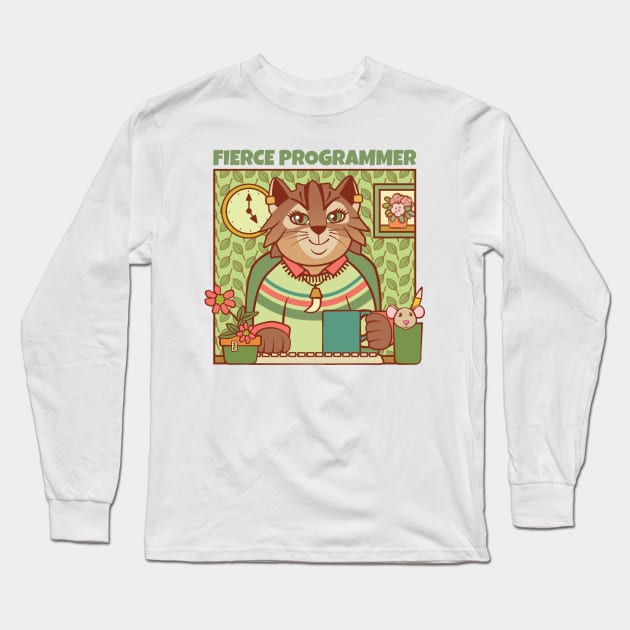 Dread Fierce Programmer Cat Long Sleeve T-Shirt by Sue Cervenka